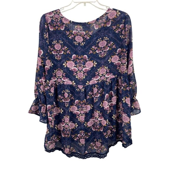 Knox Rose Floral Peasant Blouse With Ruffle Sleeves & Lace Hem Womens Size L - Picture 2 of 8